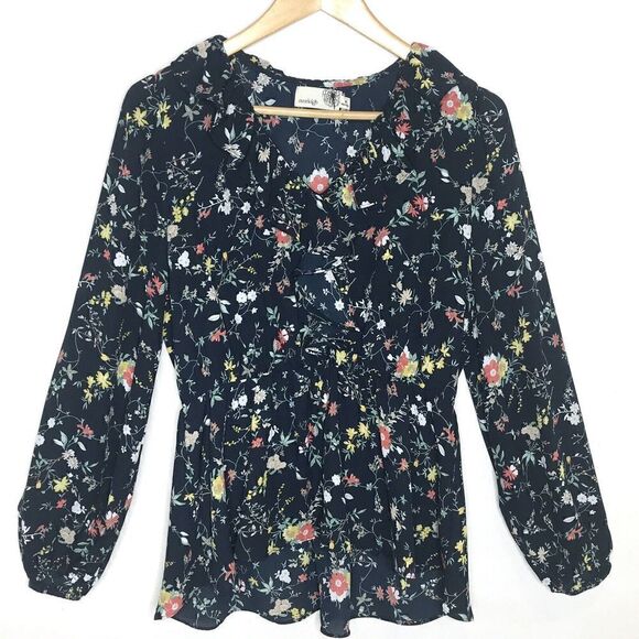 Everleigh Blue Floral Ruffle Blouse Womens Size Medium Elastic Waist V-neck - Picture 1 of 6